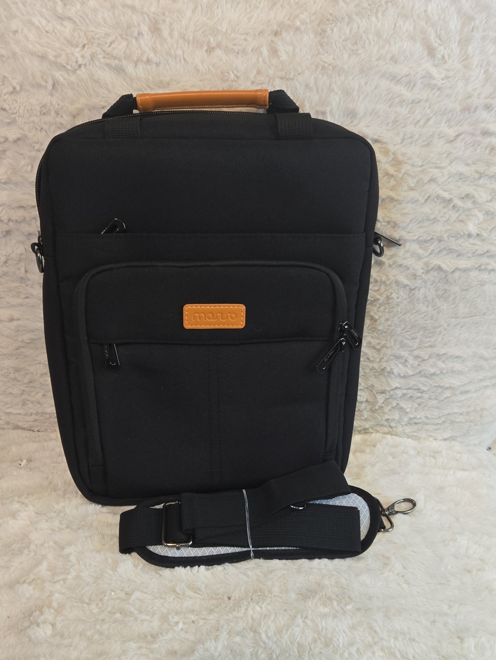 Black Men’s Crossbody Laptop Bag with Tan Accents